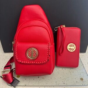Red Leather Crossbody Backpack and Wristlet Set